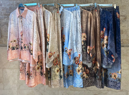 Floral Print Satin Shirt and Pants Sets KD8658/7789VS