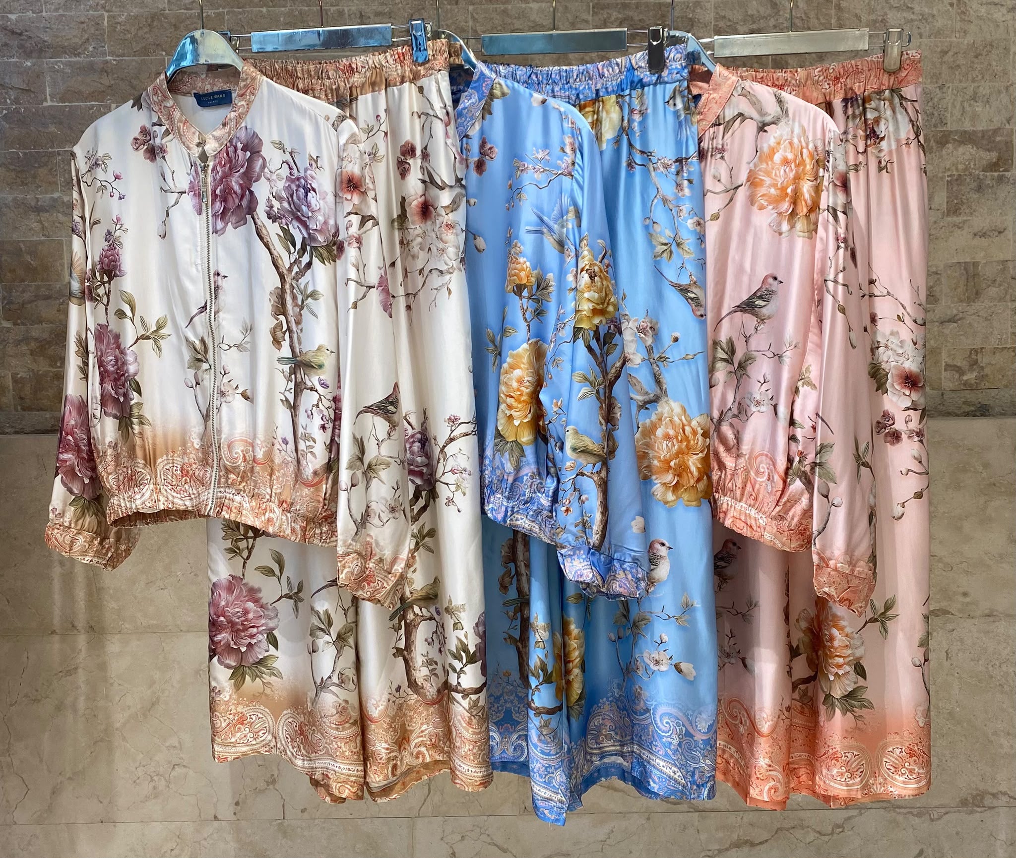 Floral and Bird Printed Satin Bomber Jacket and Pants Set KD8772/6637VS-11