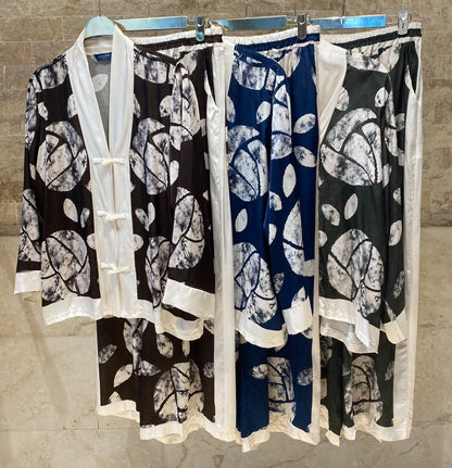 Leaf Print Satin Jacket and Pants Set KD88009/9099VS-14