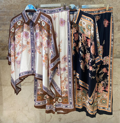 Bohemian Floral Satin Shirt and Pants Set KD8871/9099-12