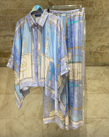 Equestrian Printed Satin Shirt and Pants Sets KD8871/9099VS-11