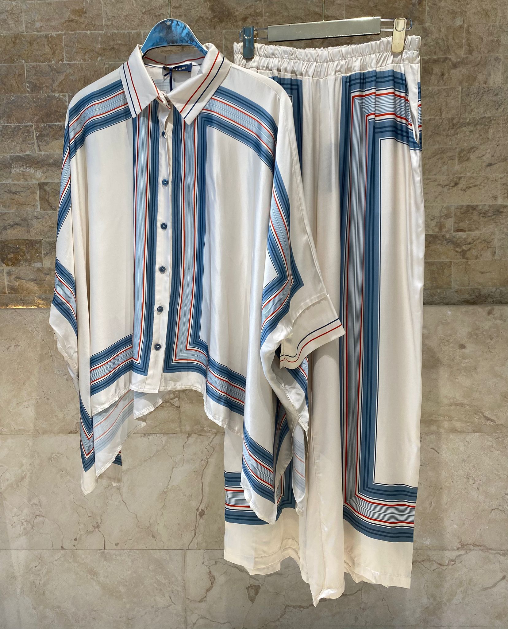 KD8871/9099-7 Ticking Stripe Satin Cape Shirt and Pants قميص وبنطال من الساتان المخطط - Brown Loft