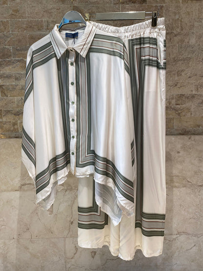 KD8871/9099-7 Ticking Stripe Satin Cape Shirt and Pants قميص وبنطال من الساتان المخطط - Brown Loft