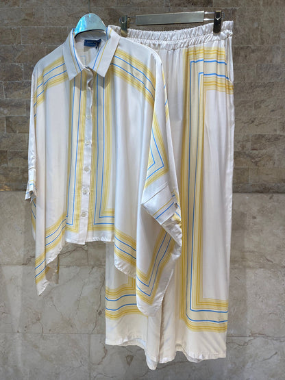 KD8871/9099-7 Ticking Stripe Satin Cape Shirt and Pants قميص وبنطال من الساتان المخطط - Brown Loft
