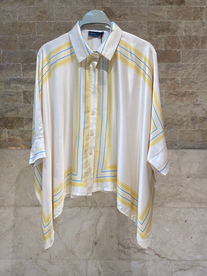 KD8871/9099-7 Ticking Stripe Satin Cape Shirt and Pants قميص وبنطال من الساتان المخطط - Brown Loft