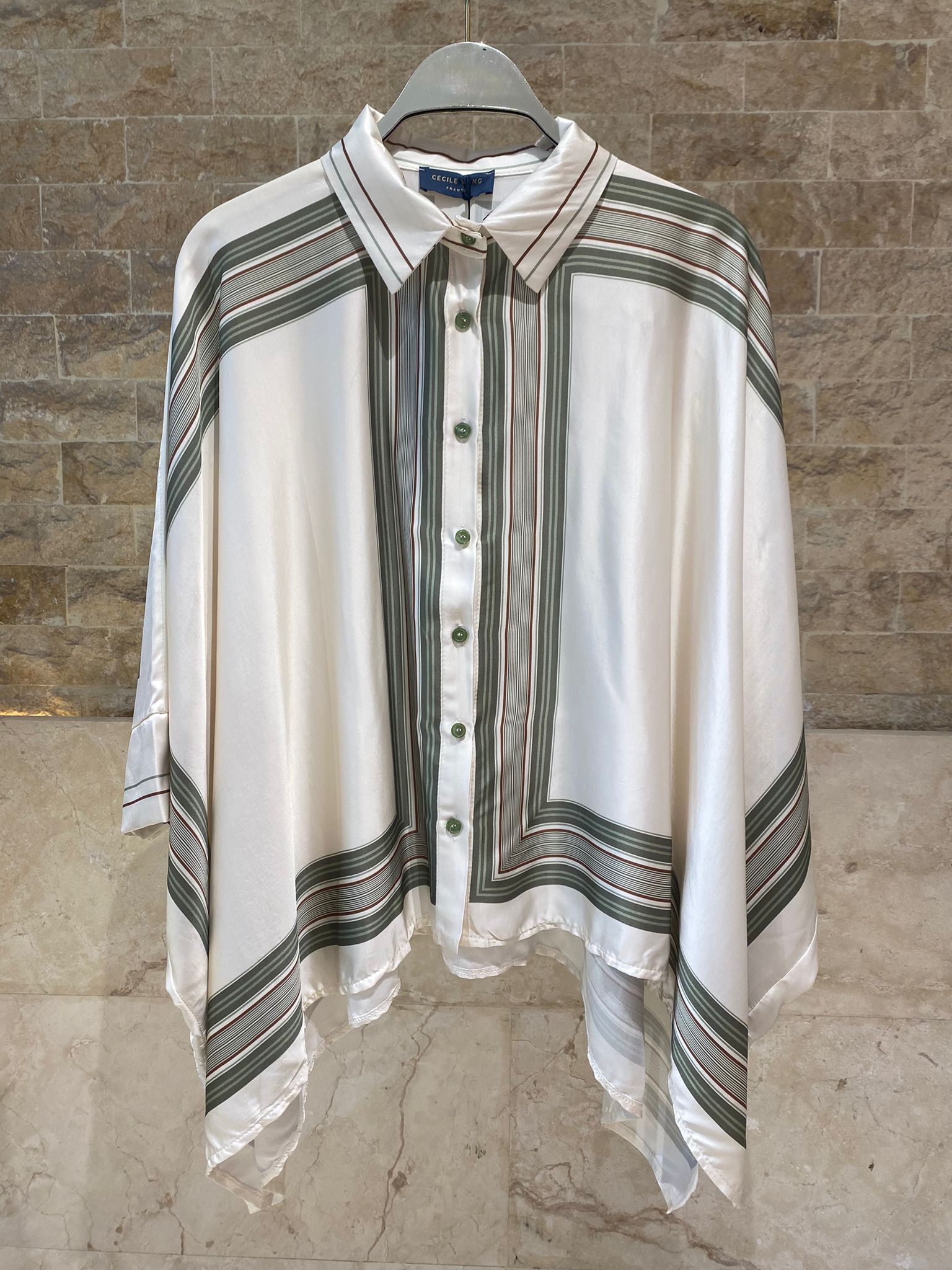 KD8871/9099-7 Ticking Stripe Satin Cape Shirt and Pants قميص وبنطال من الساتان المخطط - Brown Loft