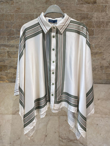 KD8871/9099-7 Ticking Stripe Satin Cape Shirt and Pants قميص وبنطال من الساتان المخطط - Brown Loft