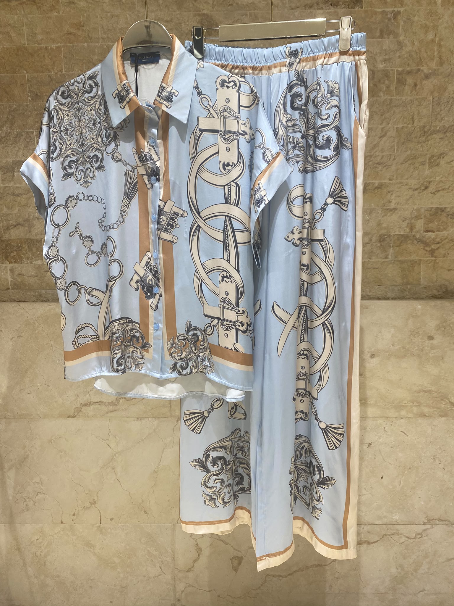KD9099/9119VS-10 Chain Detailed Satin Shirt and Pants Set