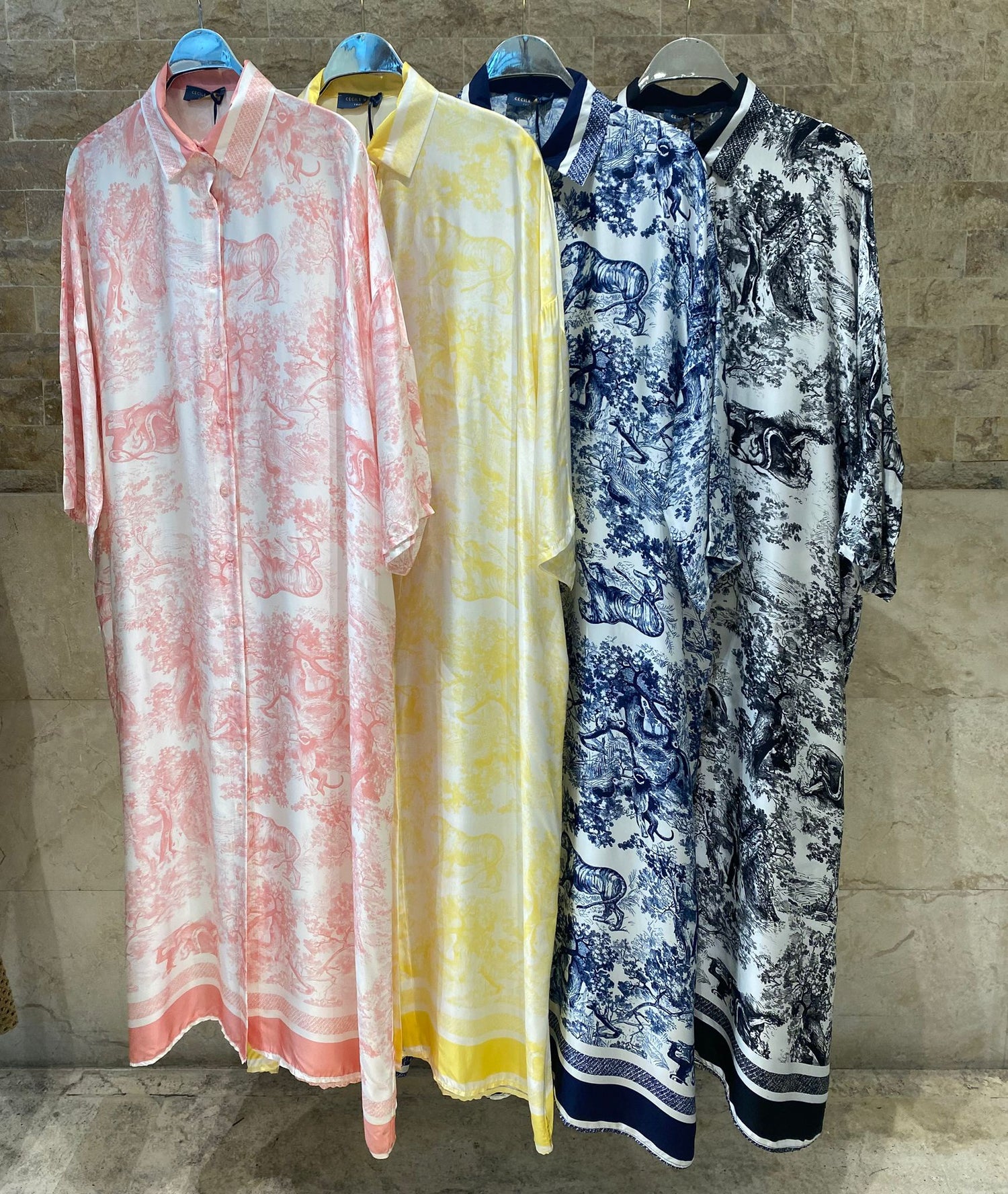 KD9316VS-6 Printed Oversized Satin Dress - Brown Loft