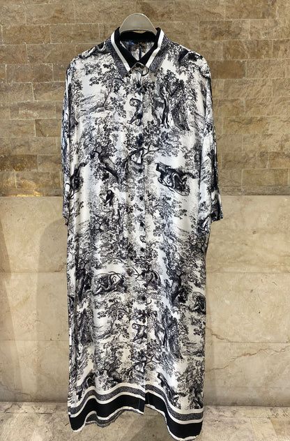 KD9316VS-6 Printed Oversized Satin Dress - Brown Loft