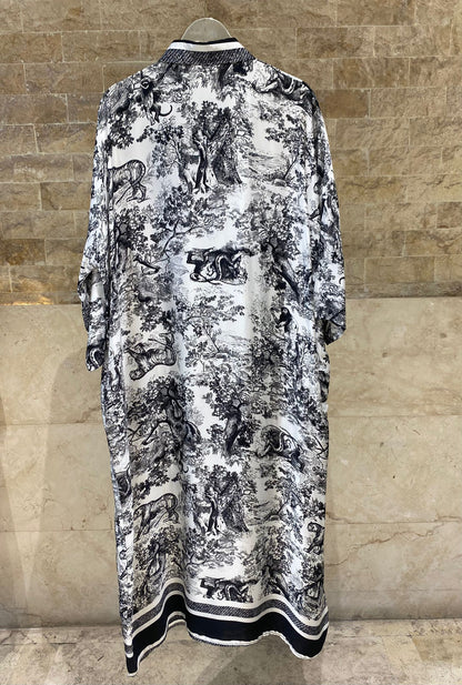 KD9316VS-6 Printed Oversized Satin Dress - Brown Loft