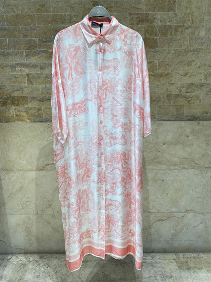 KD9316VS-6 Printed Oversized Satin Dress - Brown Loft