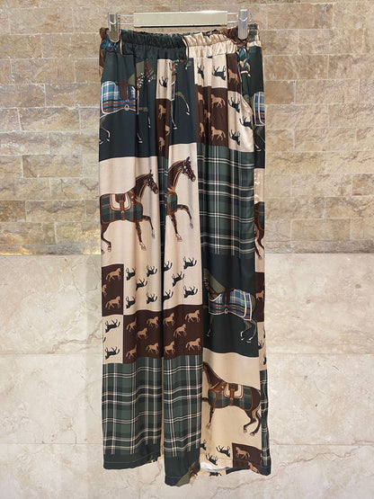 KD9966/6637-30 Equestrian Printed Satin Top and Pants - Brown Loft