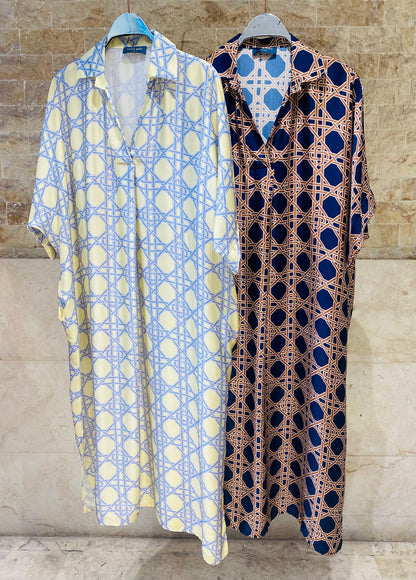 KD9702VS Geometric Cane Print Satin Dress