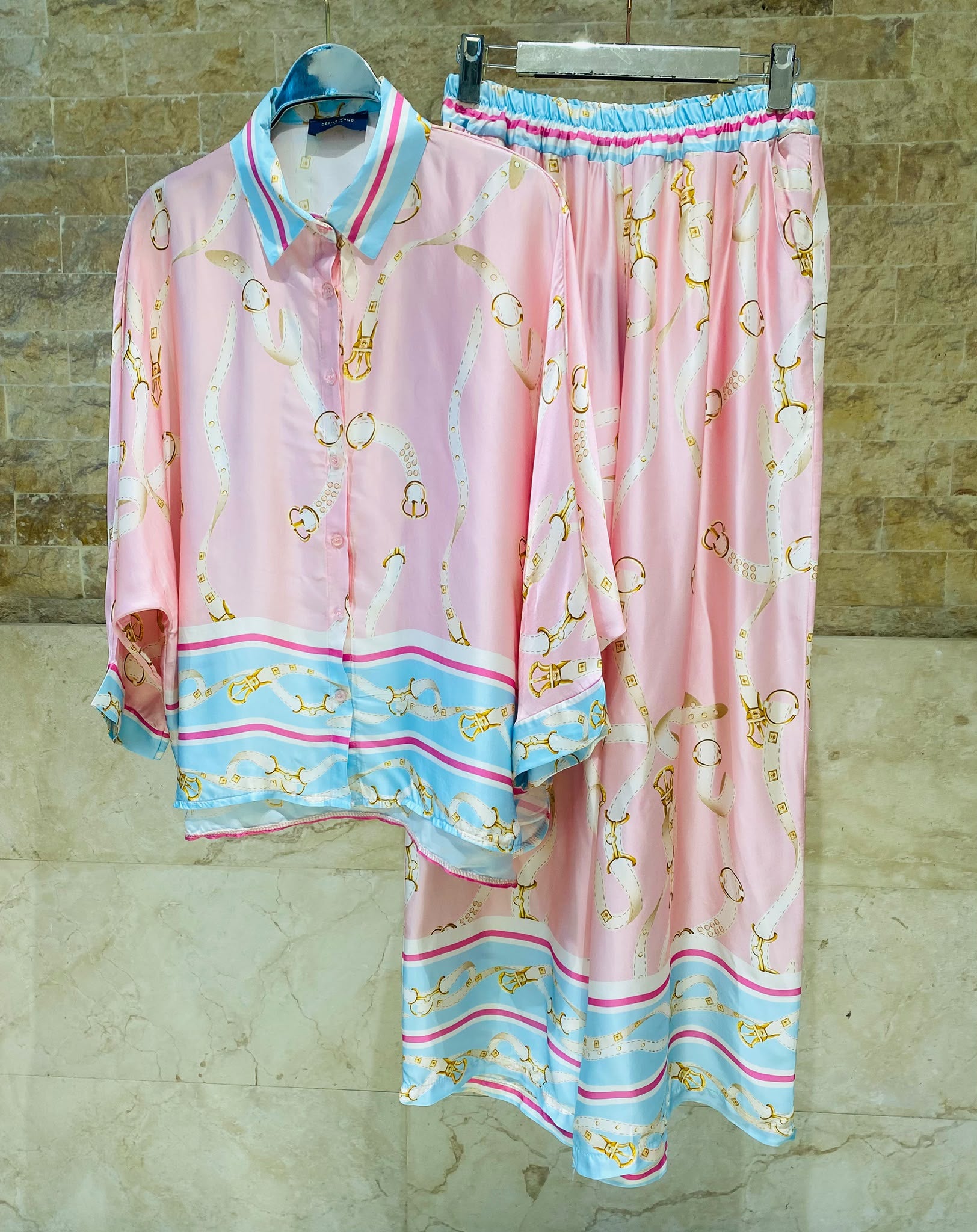 Equestrian Print Satin Two-Piece Set KD9712/6637VS-1