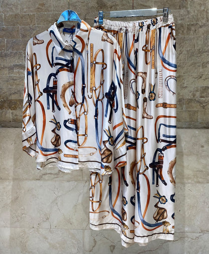 Equestrian Printed Satin Shirt and Pants Set KD9721/6637VS-41