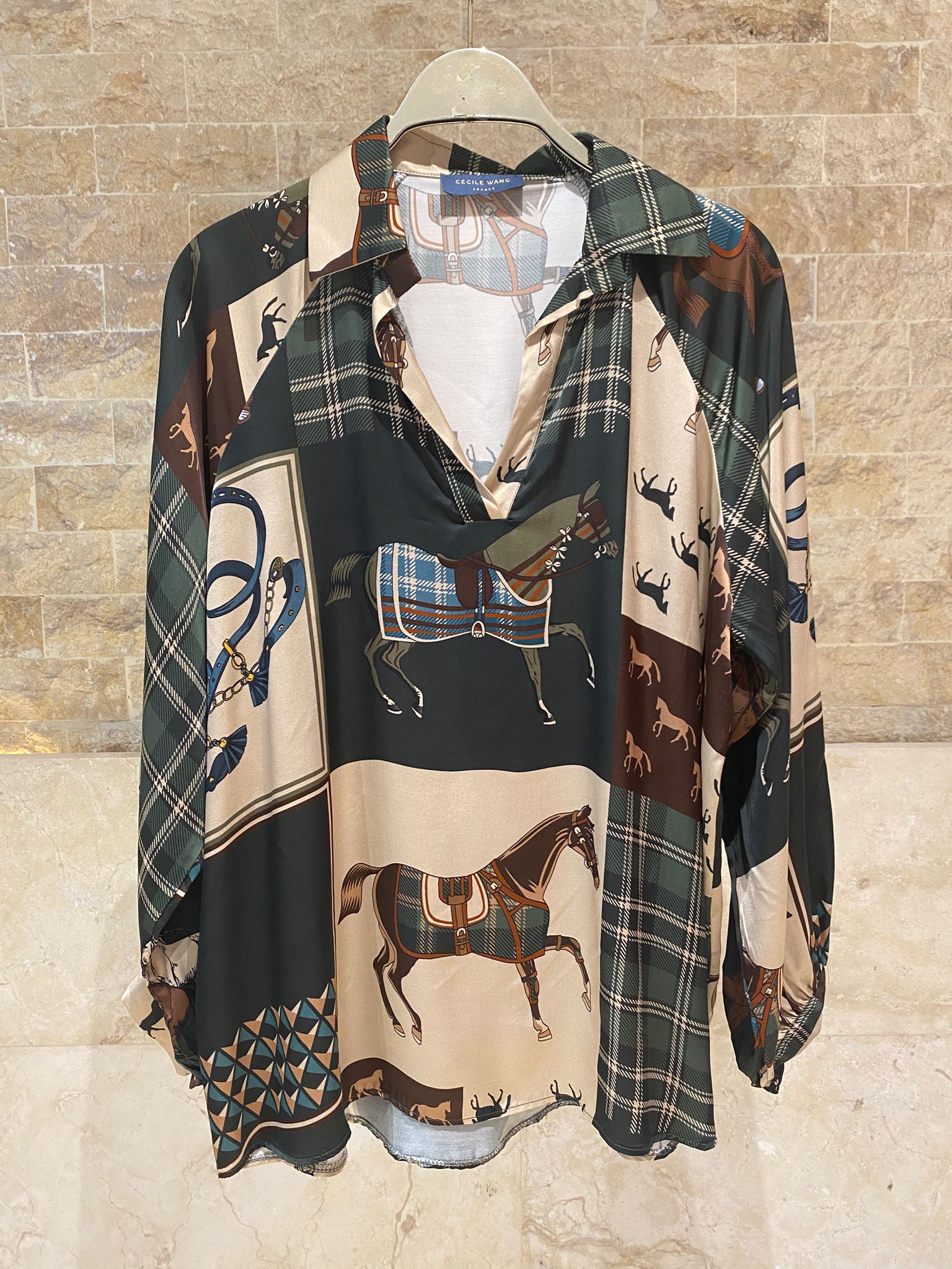 KD9966/6637-30 Equestrian Printed Satin Top and Pants - Brown Loft