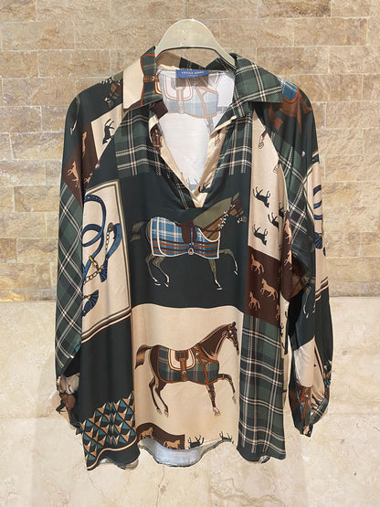 KD9966/6637-30 Equestrian Printed Satin Top and Pants - Brown Loft