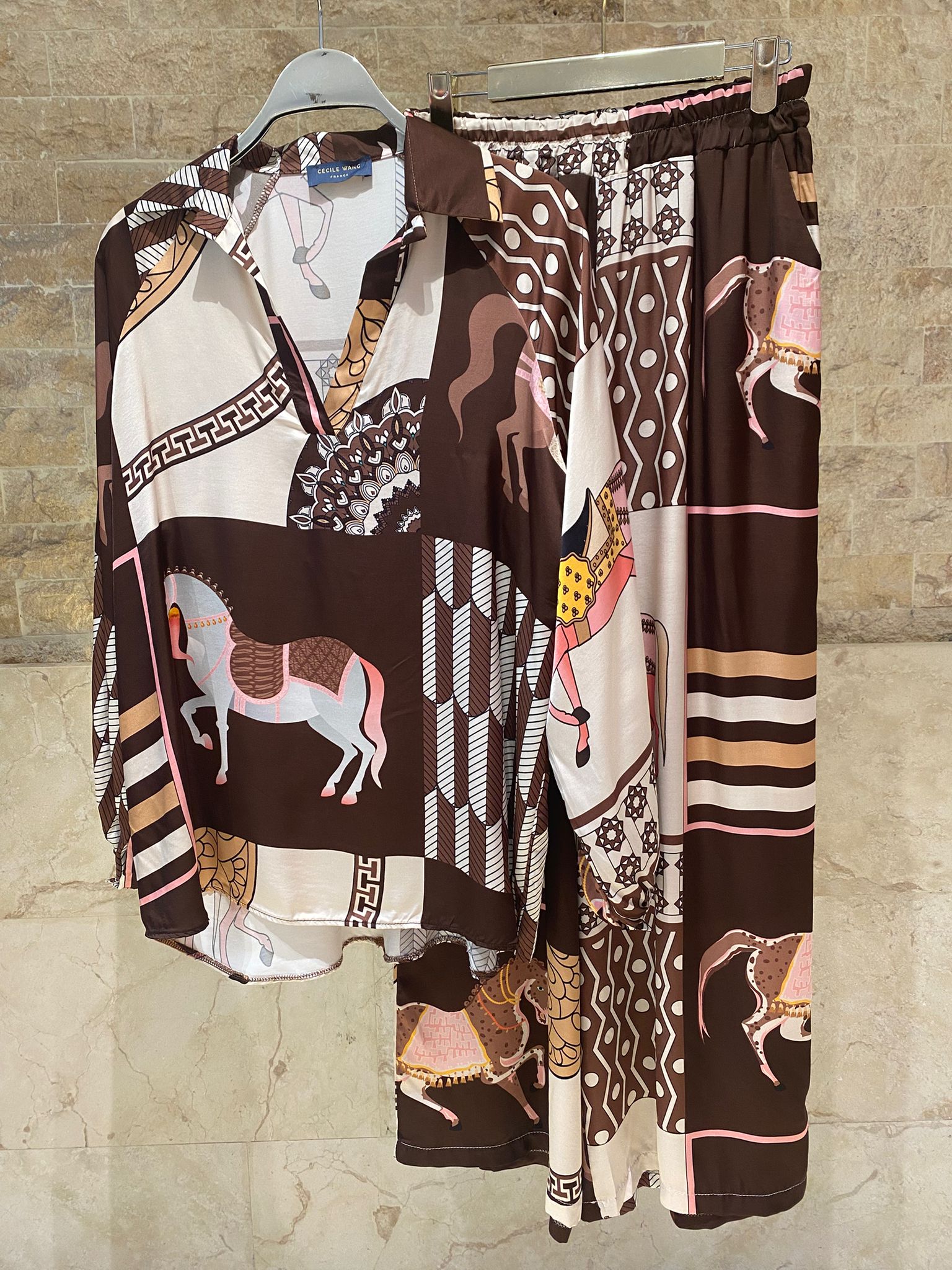 KD9966/6637-20 Equestrian Printed Satin Top and Pants - Brown Loft