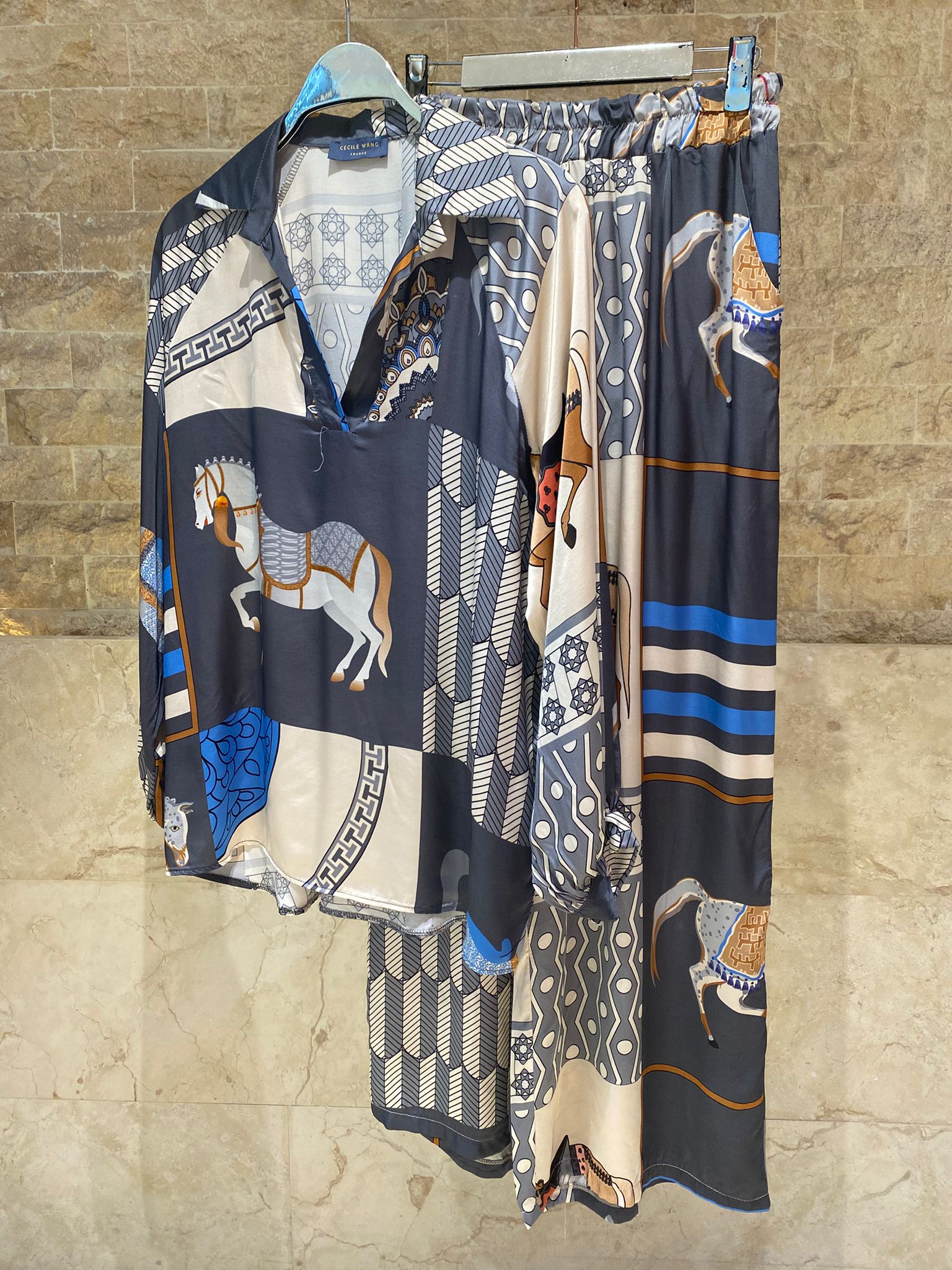 KD9966/6637-20 Equestrian Printed Satin Top and Pants - Brown Loft