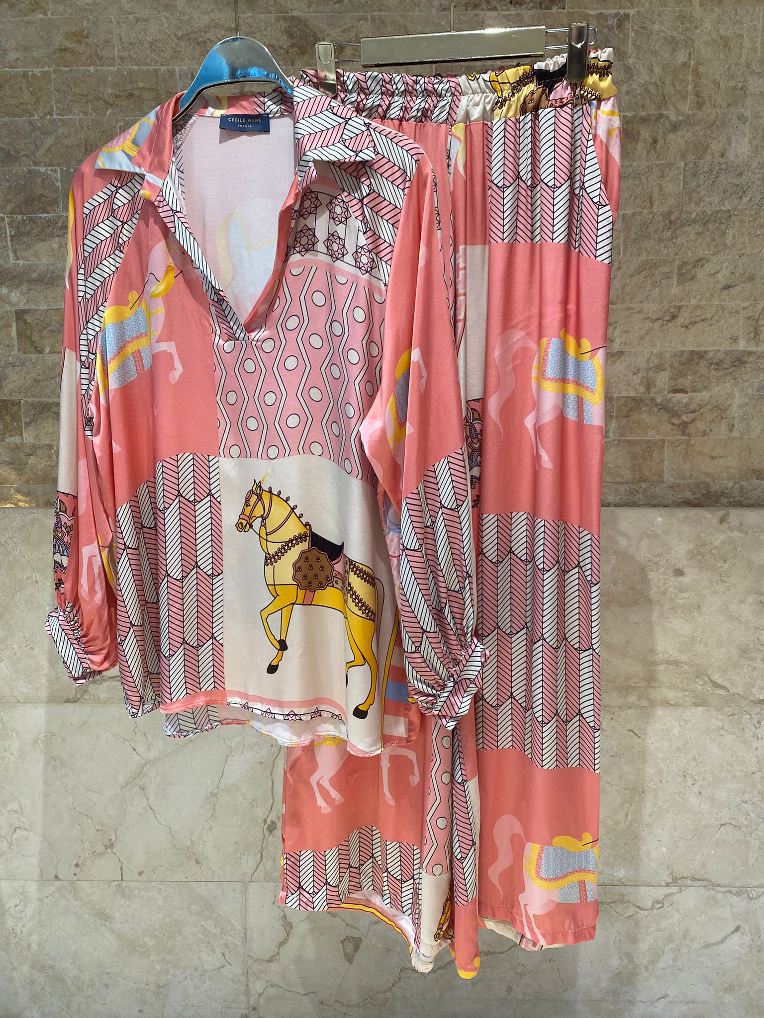 KD9966/6637-20 Equestrian Printed Satin Top and Pants - Brown Loft