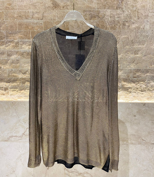 LF2411003 (Laminated V Neck Knit Sweater Top) سترة متماسكة برقبة على شكل حرف V مغلفة