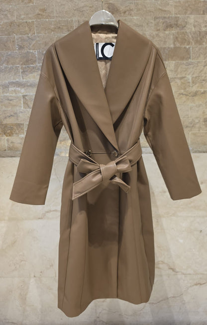 LF2601024 Double Breasted Belted Faux Leather Coat