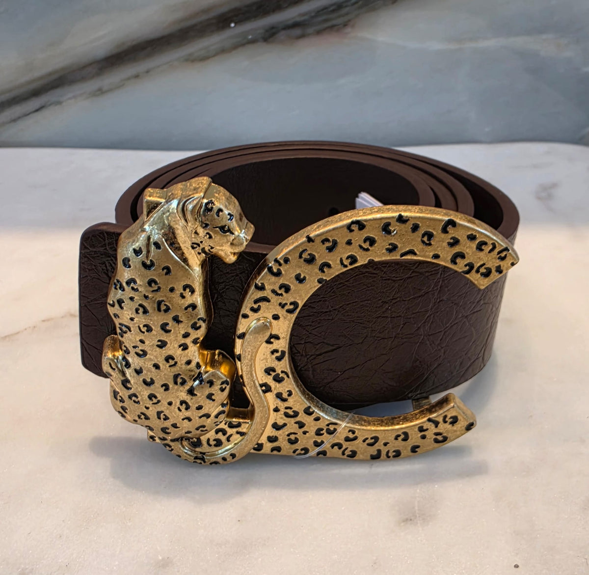 LF2606003 Faux Leather Textured Belt with Animal Buckle