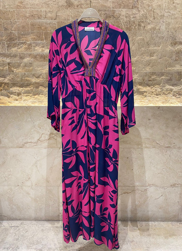 LS2416076 (Beads Neckline Long Printed Dress) الخرز العنق فستان طويل مطبوع