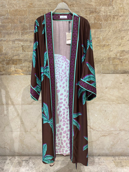 LS2616022/2004 Palm Print Strap Dress and Cardigan فستان بحزام مطبوع بأشكال النخيل وكارديغان - Brown Loft