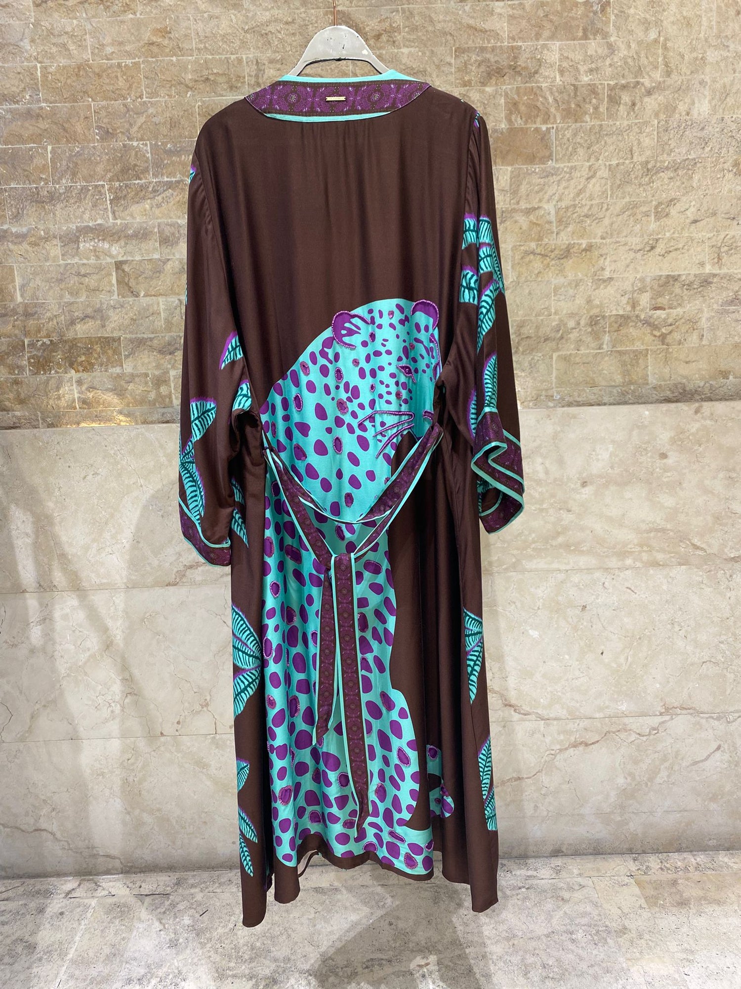LS2616022/2004 Palm Print Strap Dress and Cardigan فستان بحزام مطبوع بأشكال النخيل وكارديغان - Brown Loft