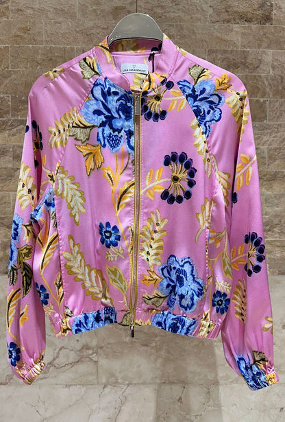 LS2602023 Floral Satin Bomber Jacket سترة بومبر من الساتان المزخرف بالأزهار - Brown Loft