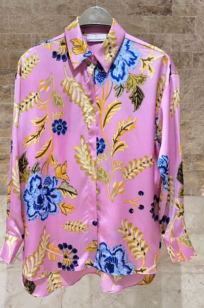 LS2615052 Floral Print Satin Shirt قميص ساتان بطبعة زهور - Brown Loft