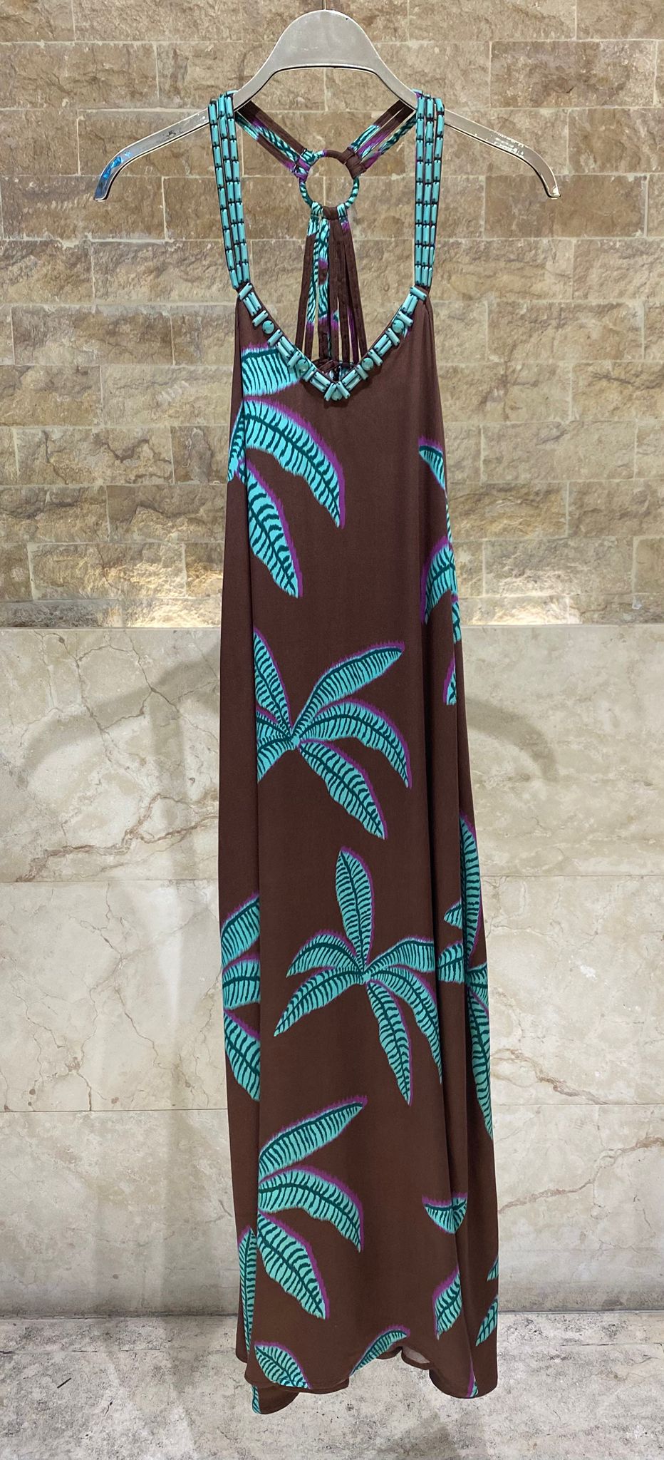 LS2616022/2004 Palm Print Strap Dress and Cardigan فستان بحزام مطبوع بأشكال النخيل وكارديغان - Brown Loft