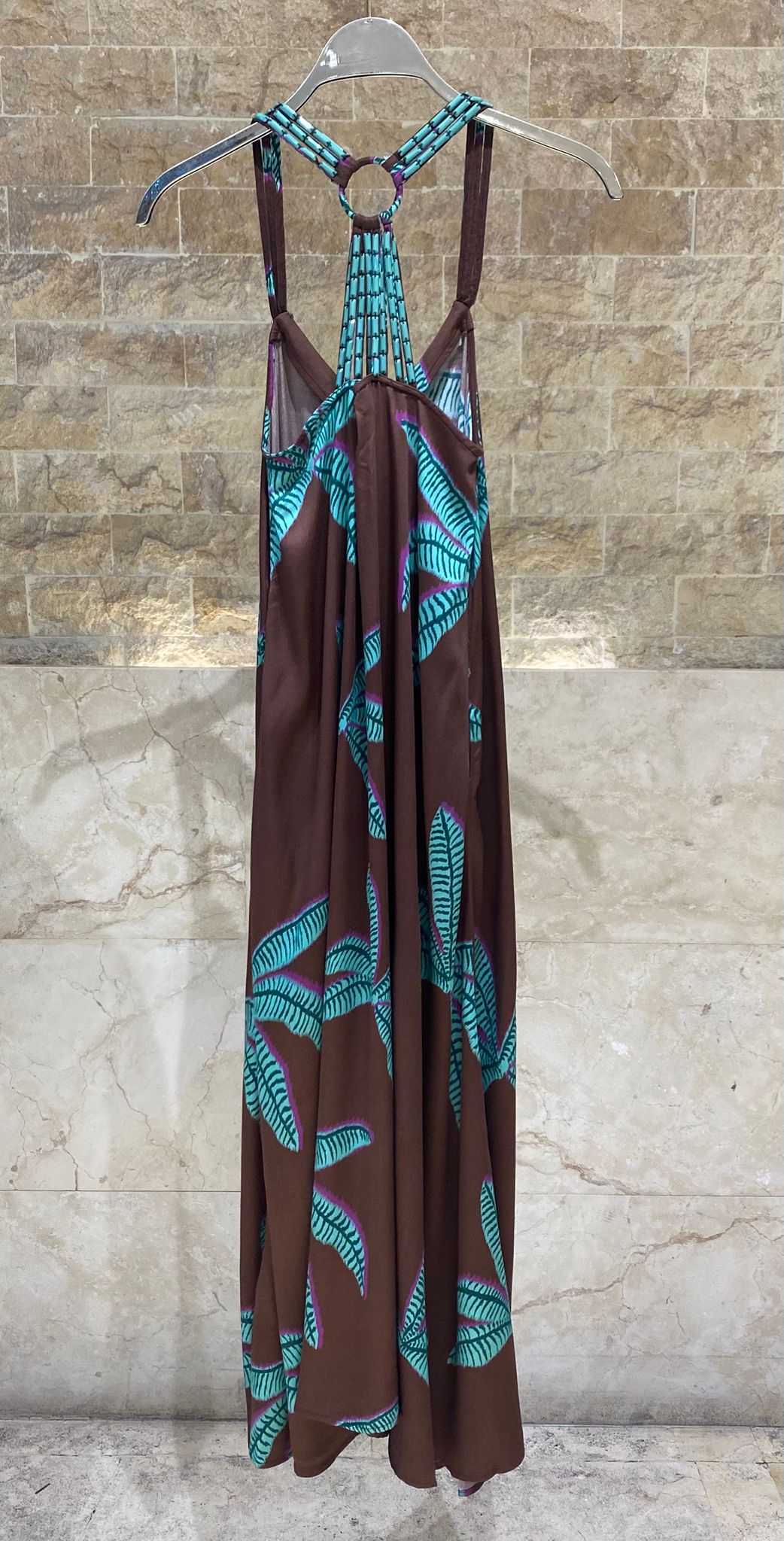 LS2616022/2004 Palm Print Strap Dress and Cardigan فستان بحزام مطبوع بأشكال النخيل وكارديغان - Brown Loft