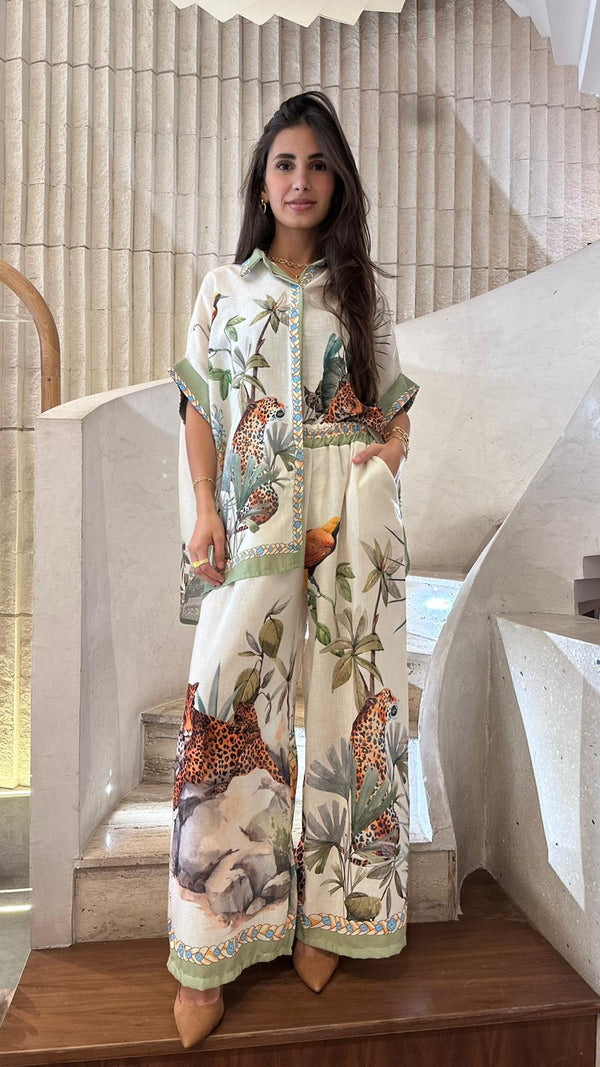 YCM251020 Set Leopard and Garden Print Linen Set طقم كتان بطبعة الفهد والحديقة