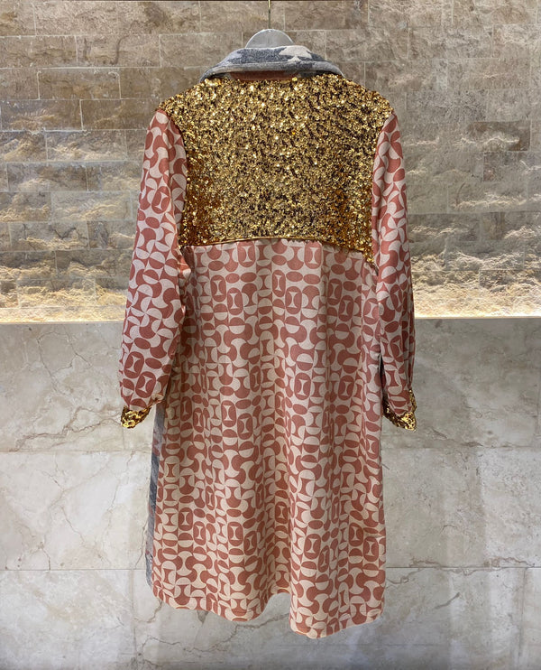 M05KF32 Bi-materia kaftan with ethnic print and sequins قفطان ثنائي المادة مع طباعة عرقية وترتر