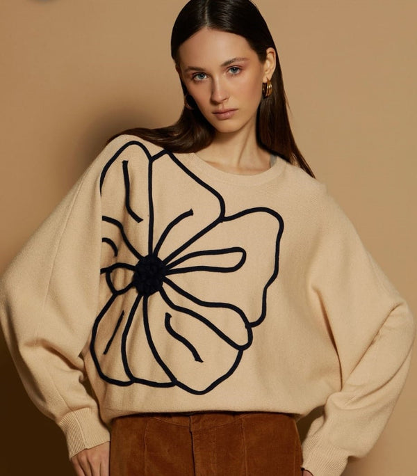 M103K01IVY Flower Embroidery Sweater Top زهرة التطريز سترة الأعلى