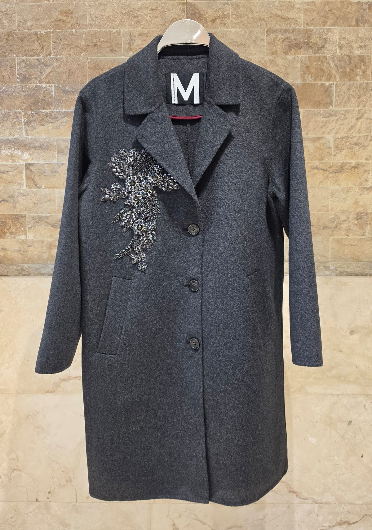 MF2601013 Beaded and Stud Floral Embroidery Mid Length Coat