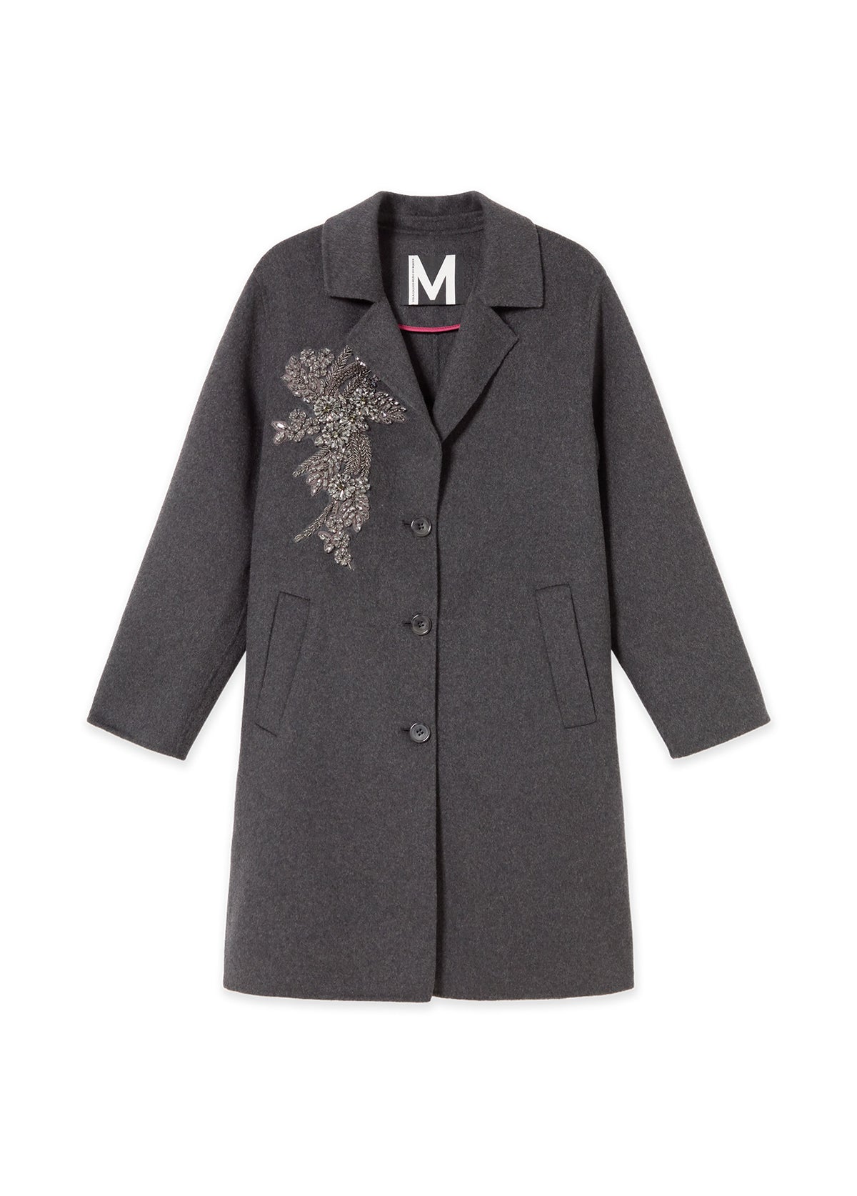 MF2601013 Beaded and Stud Floral Embroidery Mid Length Coat