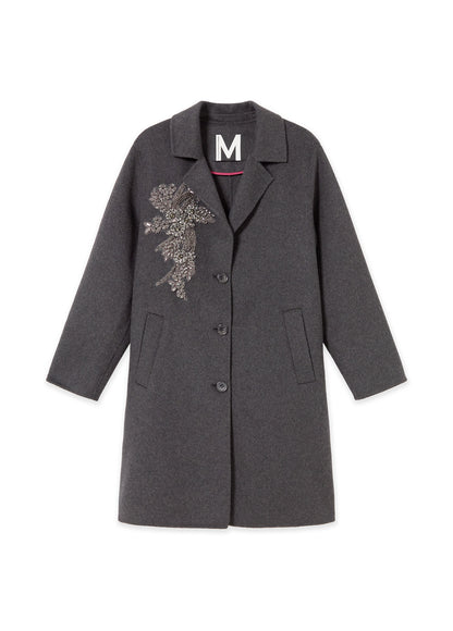 MF2601013 Beaded and Stud Floral Embroidery Mid Length Coat