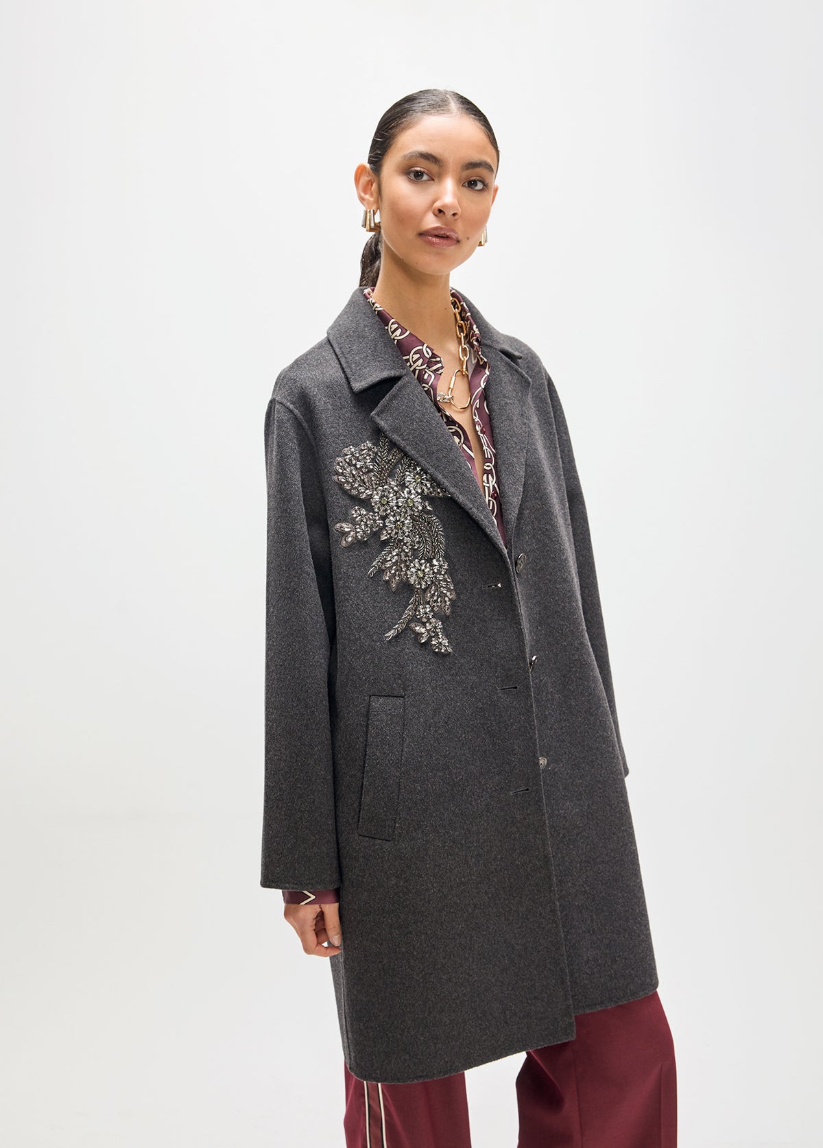 MF2601013 Beaded and Stud Floral Embroidery Mid Length Coat