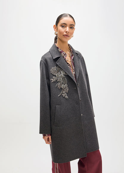 MF2601013 Beaded and Stud Floral Embroidery Mid Length Coat