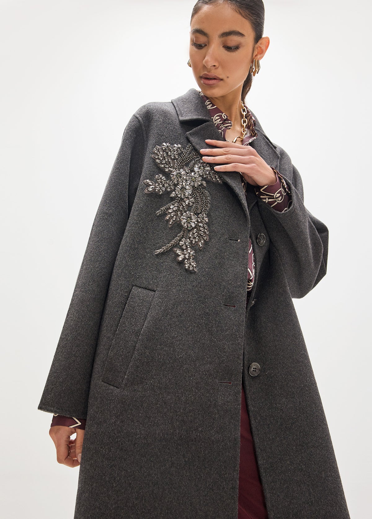 MF2601013 Beaded and Stud Floral Embroidery Mid Length Coat