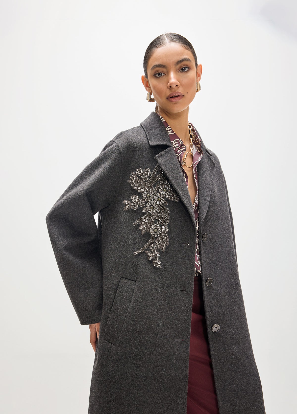 MF2601013 Beaded and Stud Floral Embroidery Mid Length Coat