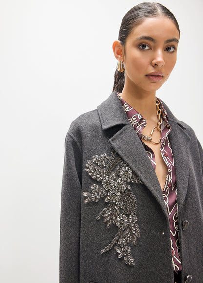 MF2601013 Beaded and Stud Floral Embroidery Mid Length Coat