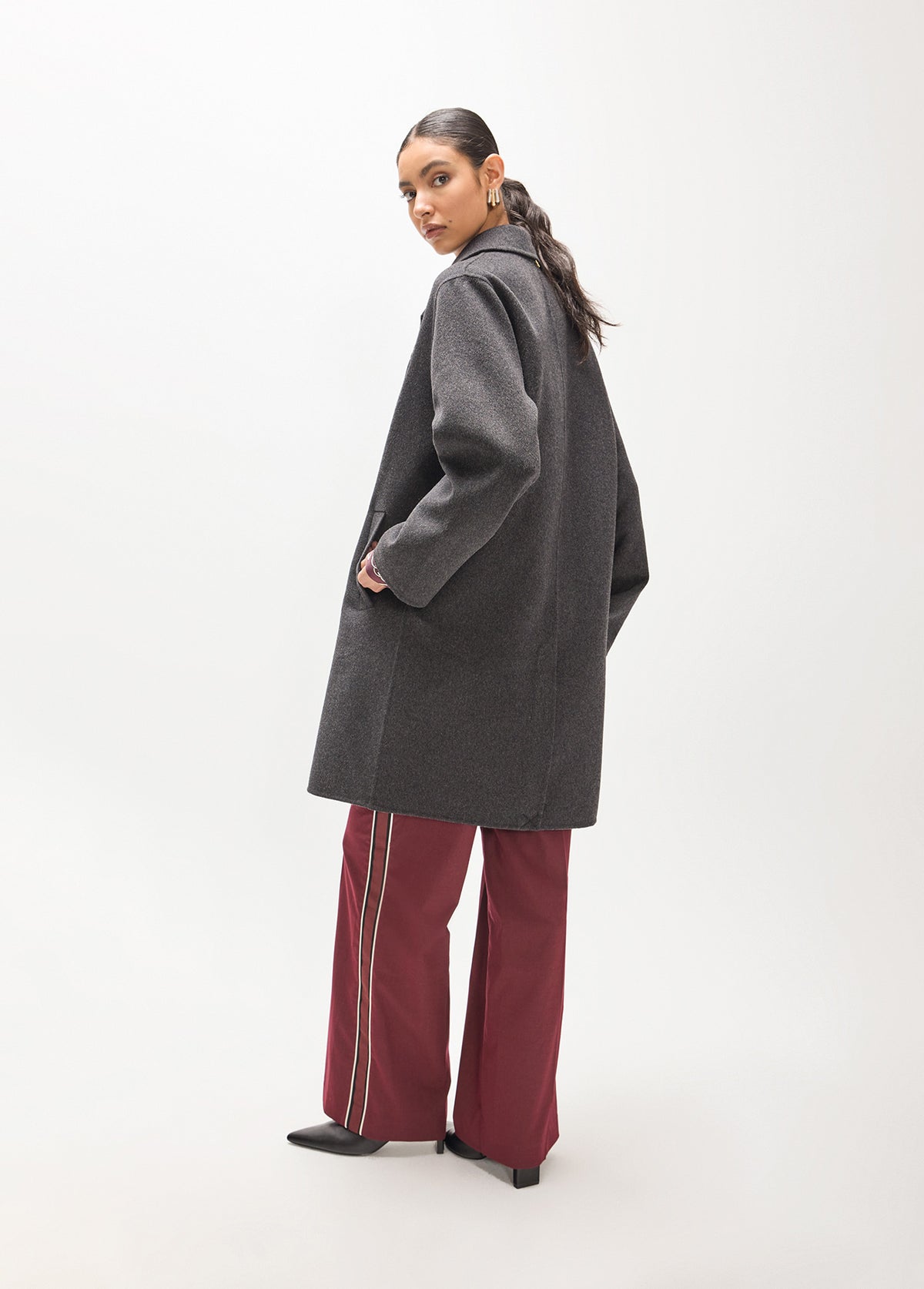 MF2601013 Beaded and Stud Floral Embroidery Mid Length Coat
