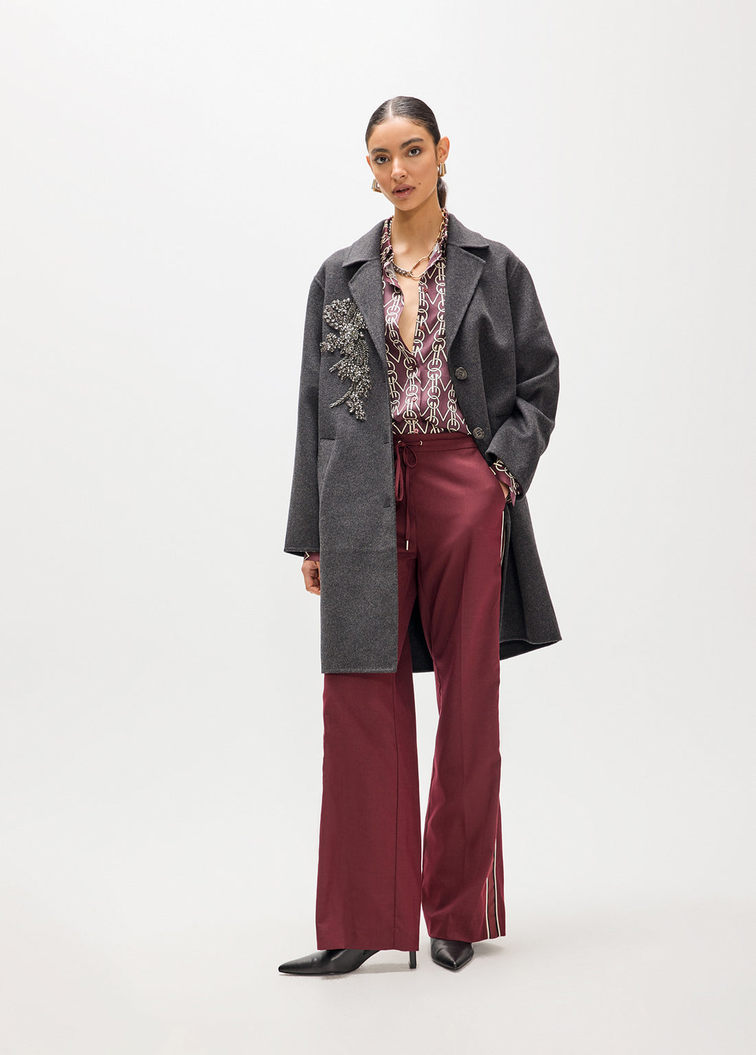 MF2601013 Beaded and Stud Floral Embroidery Mid Length Coat