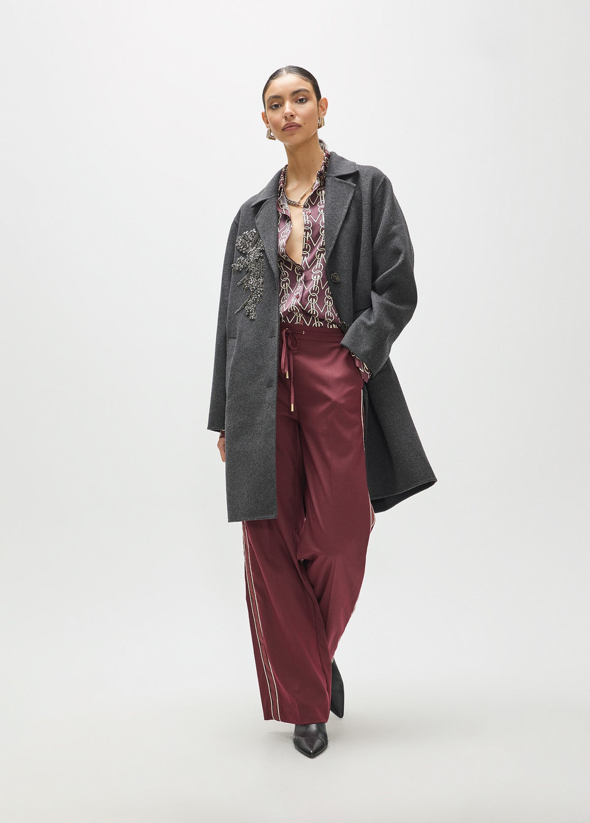 MF2601013 Beaded and Stud Floral Embroidery Mid Length Coat