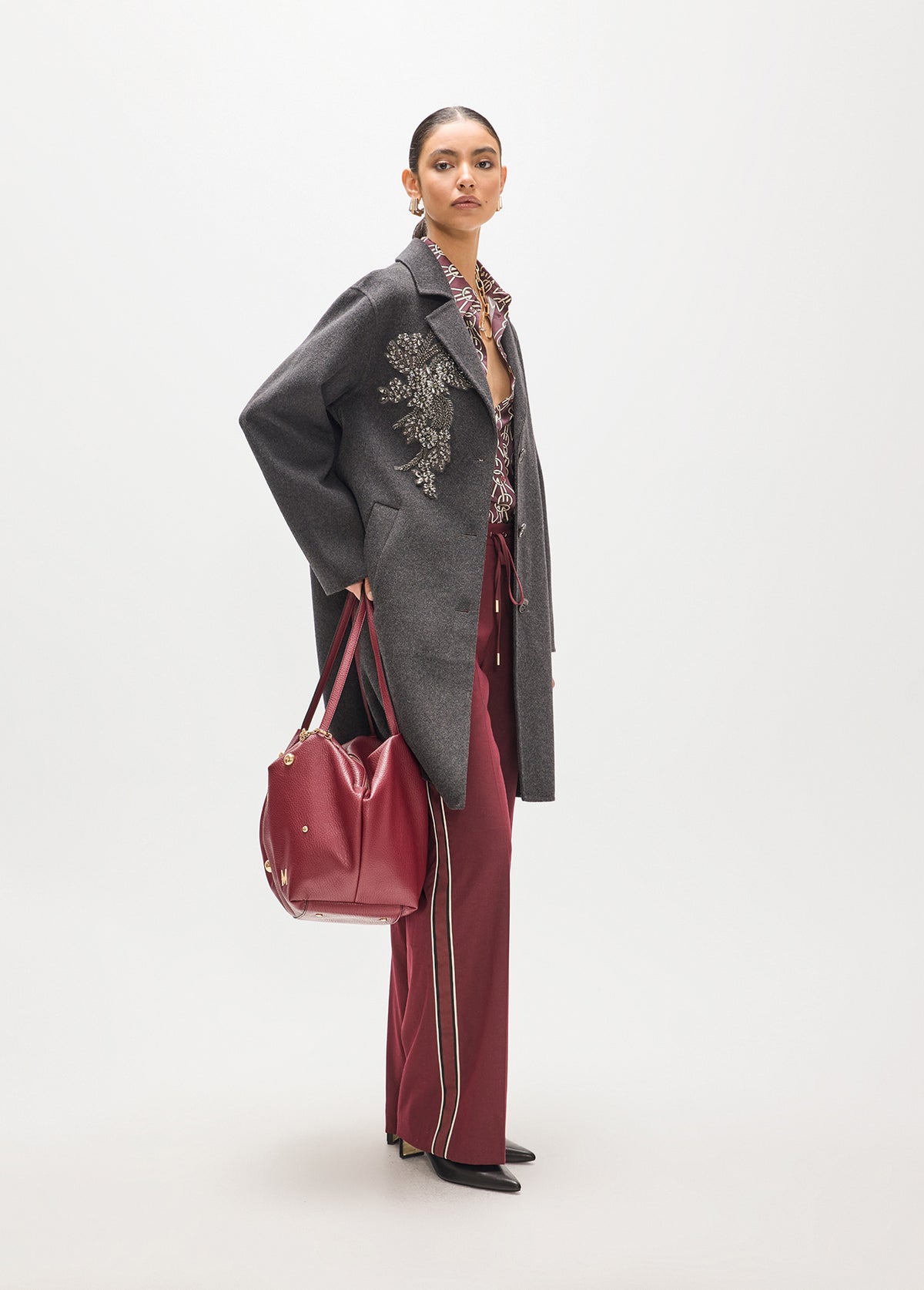 MF2601013 Beaded and Stud Floral Embroidery Mid Length Coat